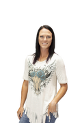 Women's Steer Skull Fringe Graphic Tee | Blue Rose Steer