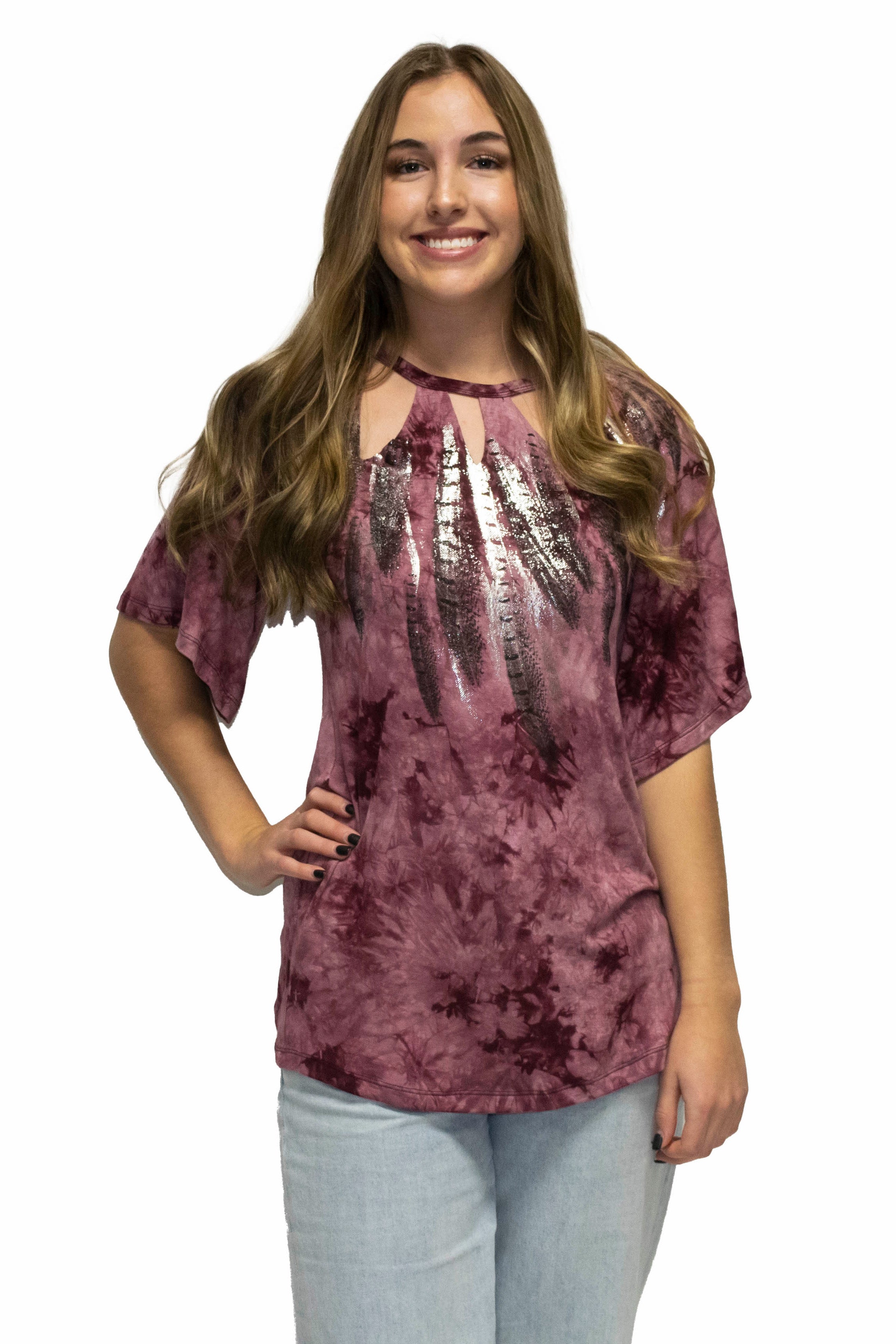 Women's Foil Feather Keyhole Neck Top | Peekaboo Feathers
