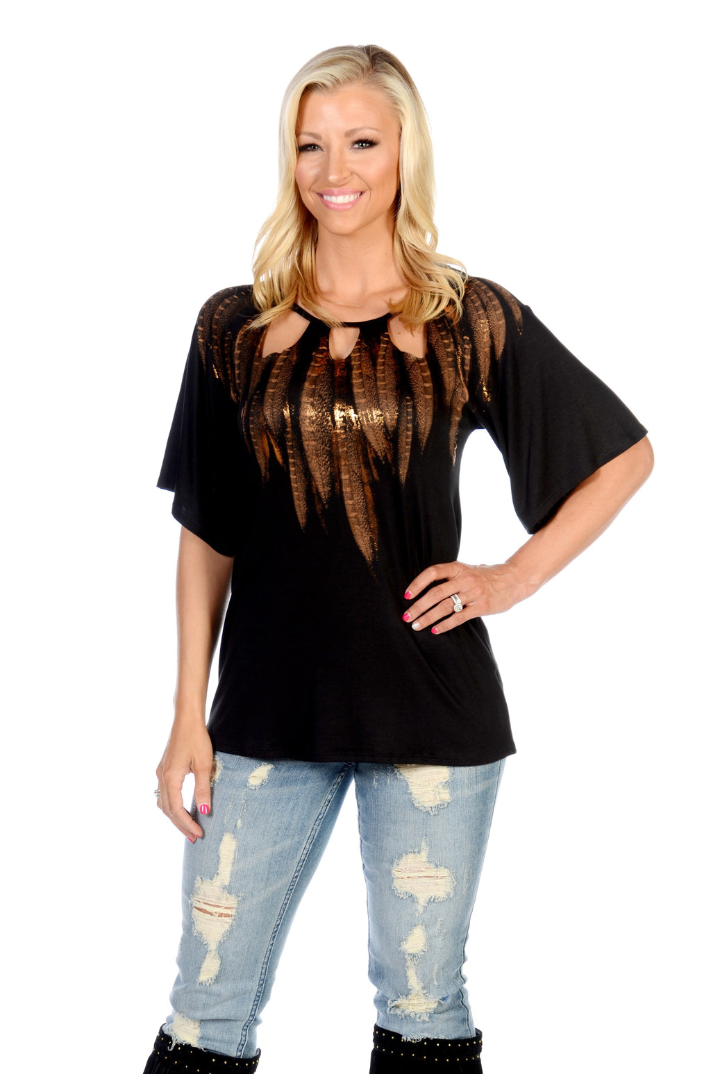 Women's Foil Feather Keyhole Neck Top | Peekaboo Feathers