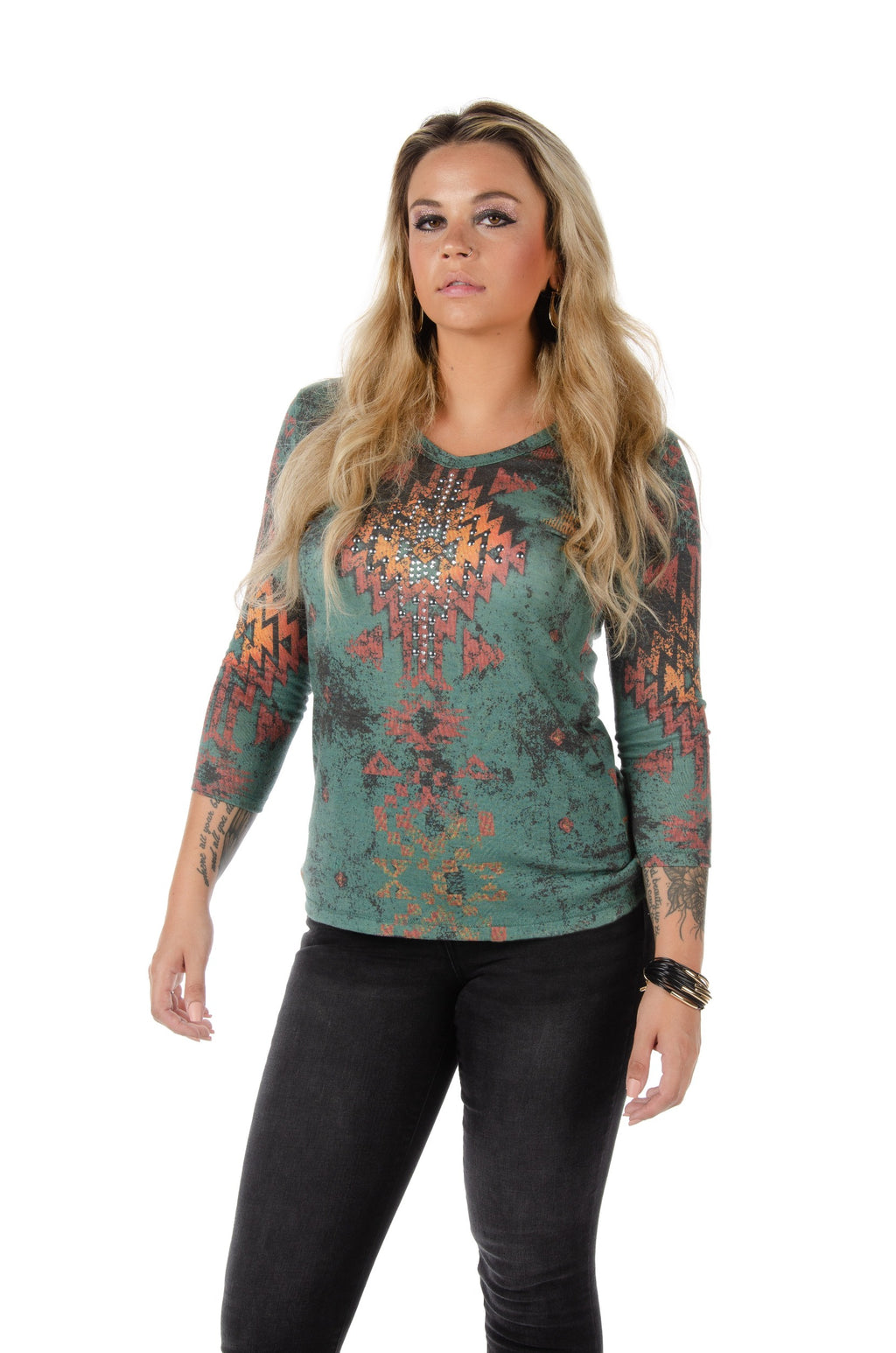 Women's Aztec Rhinestone 3/4 Sleeve Top | Lolita
