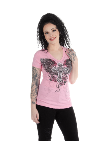 Women's Cross & Roses Rhinestone V-Neck Tee | Temptress