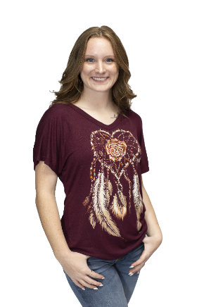 Women's Rhinestone Dreamcatcher Graphic Dolman Tee | Dreamcatcher Heart Burgundy