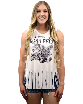 Women's Motorcycle Scoop Neck Fringe Tank | Born Free Eagle