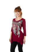 Women's Feathers & Conchos Rhinestone 3/4 Sleeve Top | Feathers and Conchos