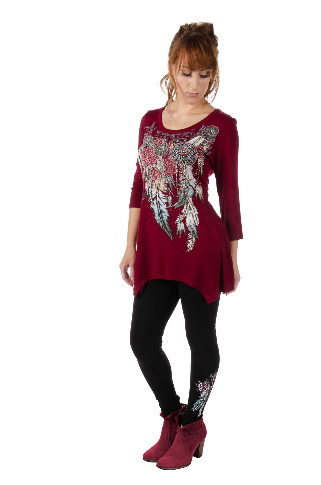 Women's Feathers & Conchos Rhinestone 3/4 Sleeve Top | Feathers and Conchos