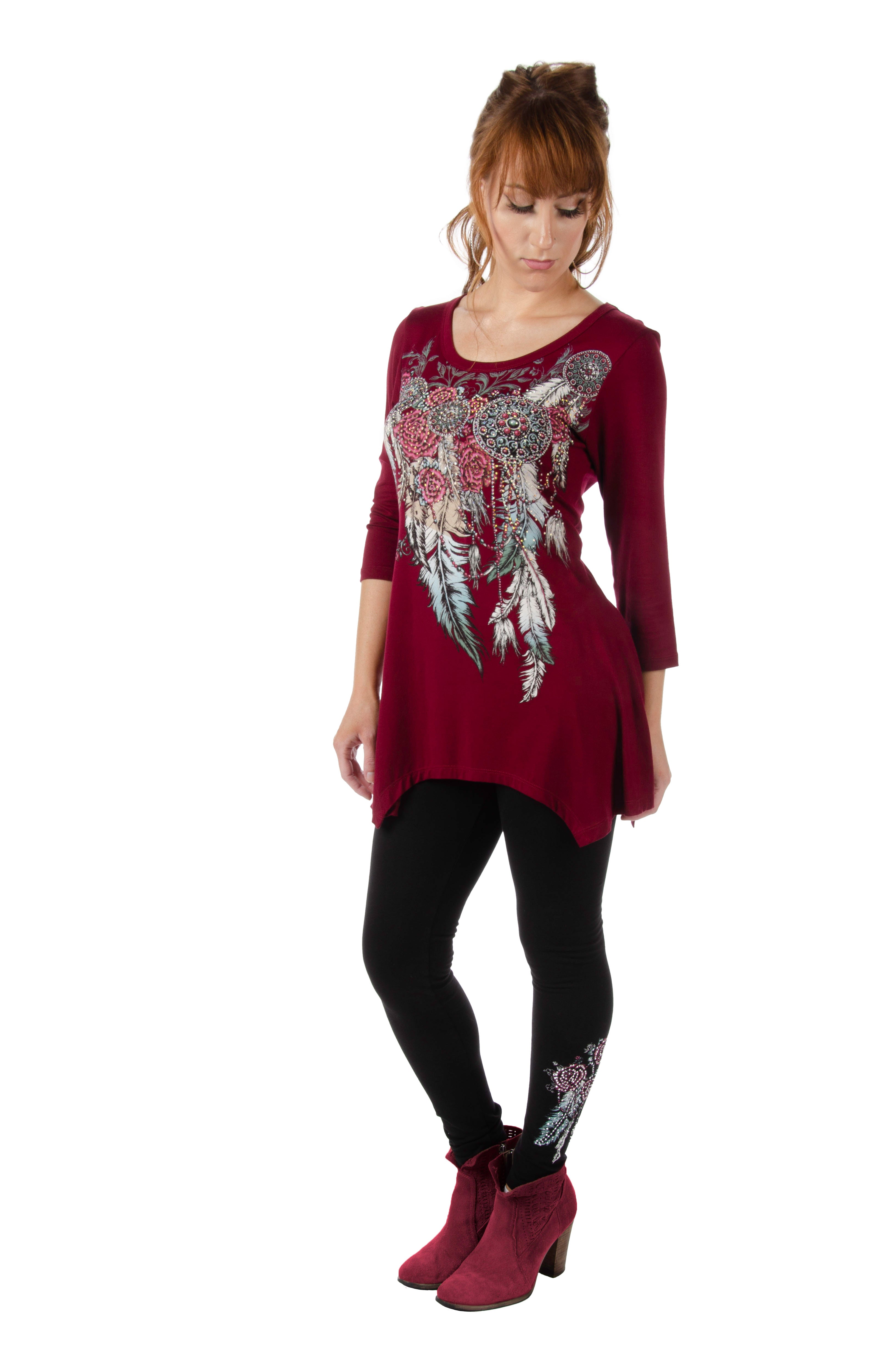 Women's Feathers & Conchos Rhinestone 3/4 Sleeve Top | Feathers and Conchos