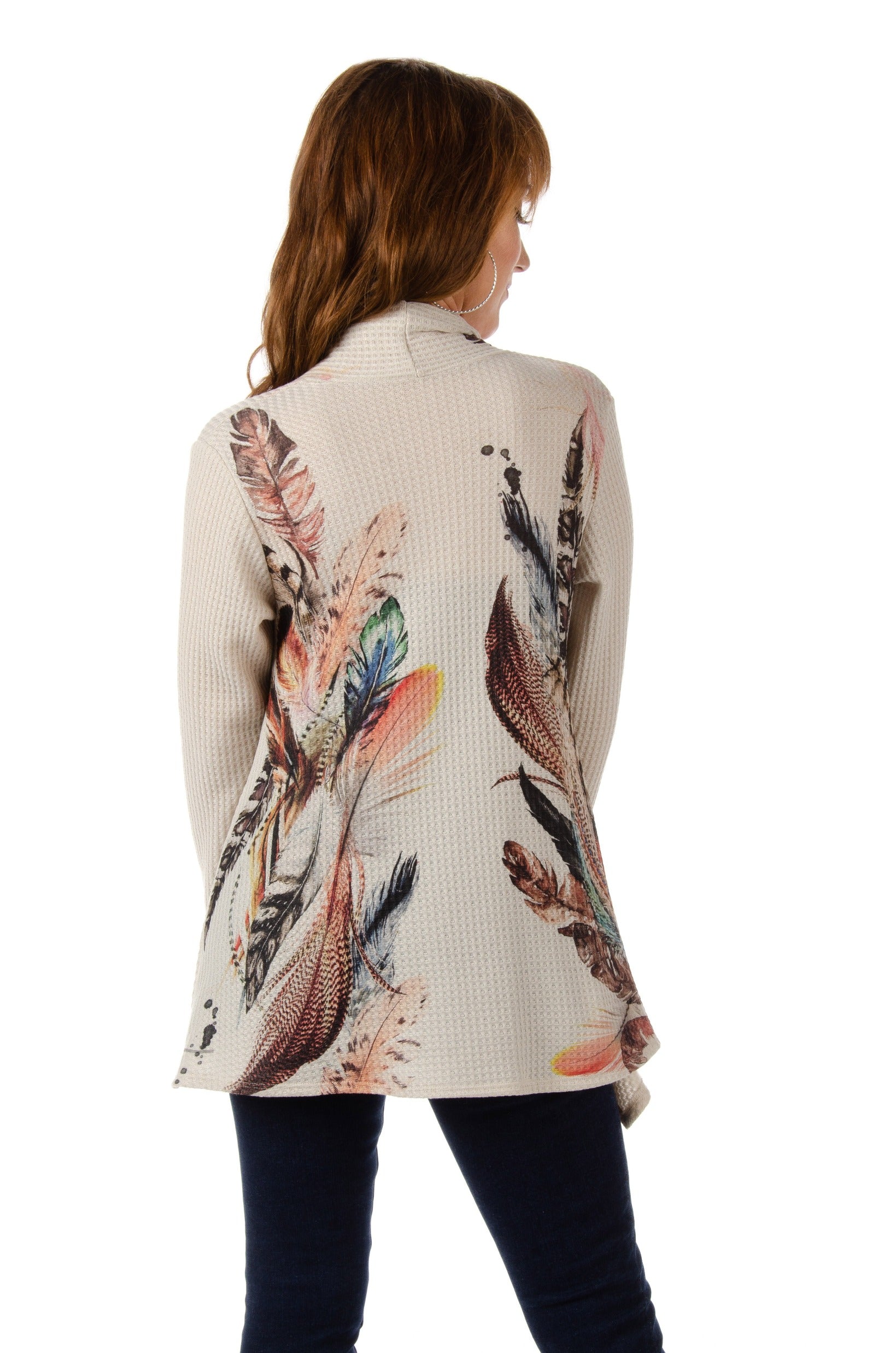 Women's Feather Print Waffle Knit Cardigan | Plume