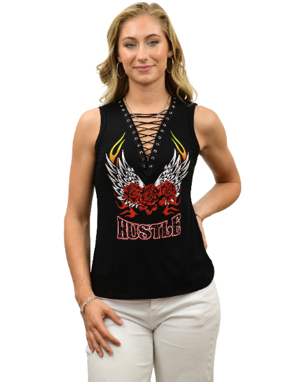 Women's Biker Roses & Wings Lace-Up Tank Top | Hustle Tank