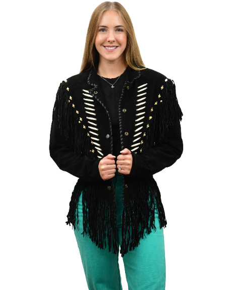 9713 - Ladies' Beaded Suede Jacket w/ Fringe & Bone Detailing