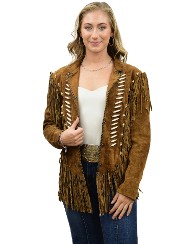 9713 - Ladies' Beaded Suede Jacket w/ Fringe & Bone Detailing