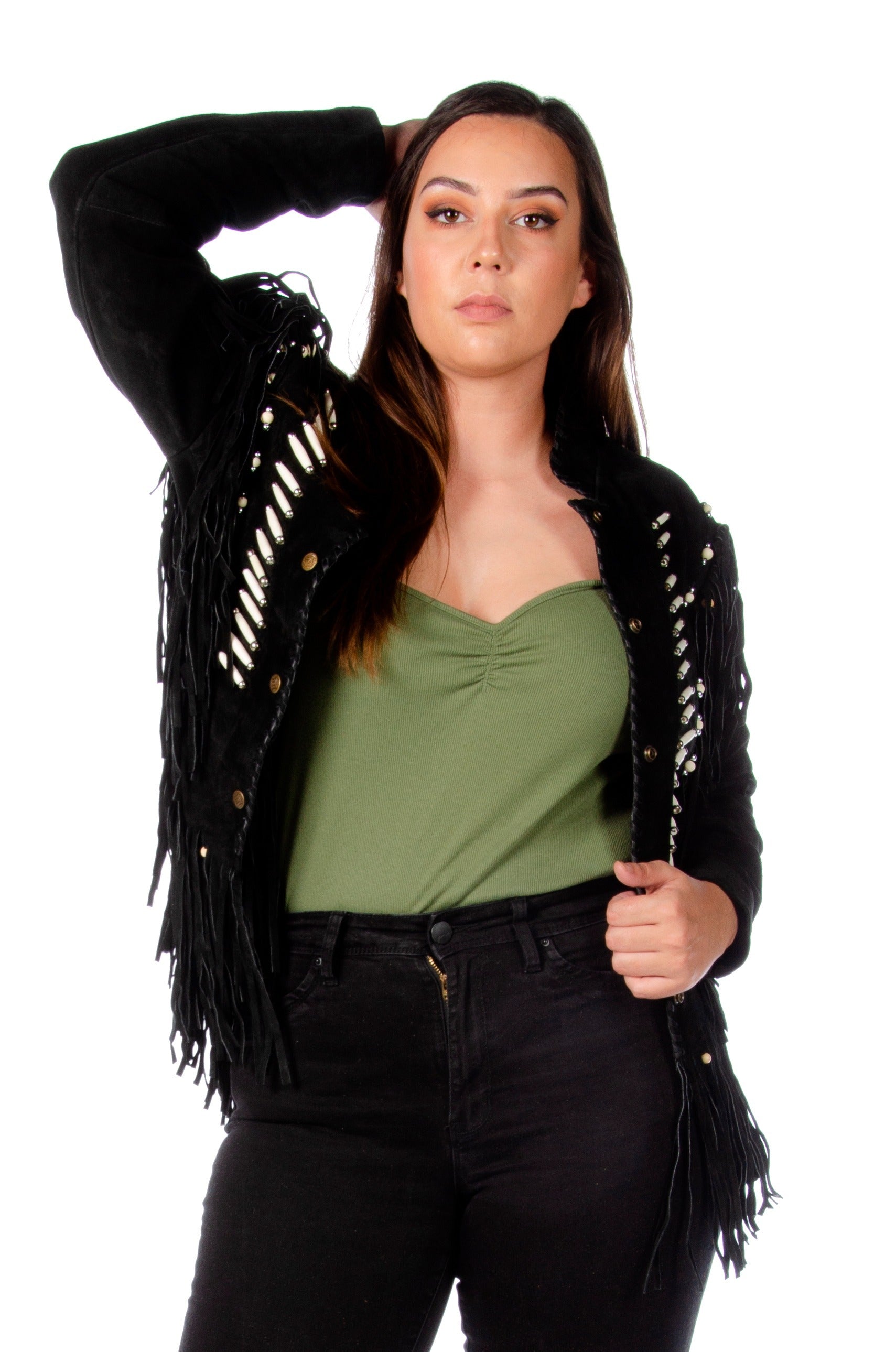 9713 - Ladies' Beaded Suede Jacket w/ Fringe & Bone Detailing