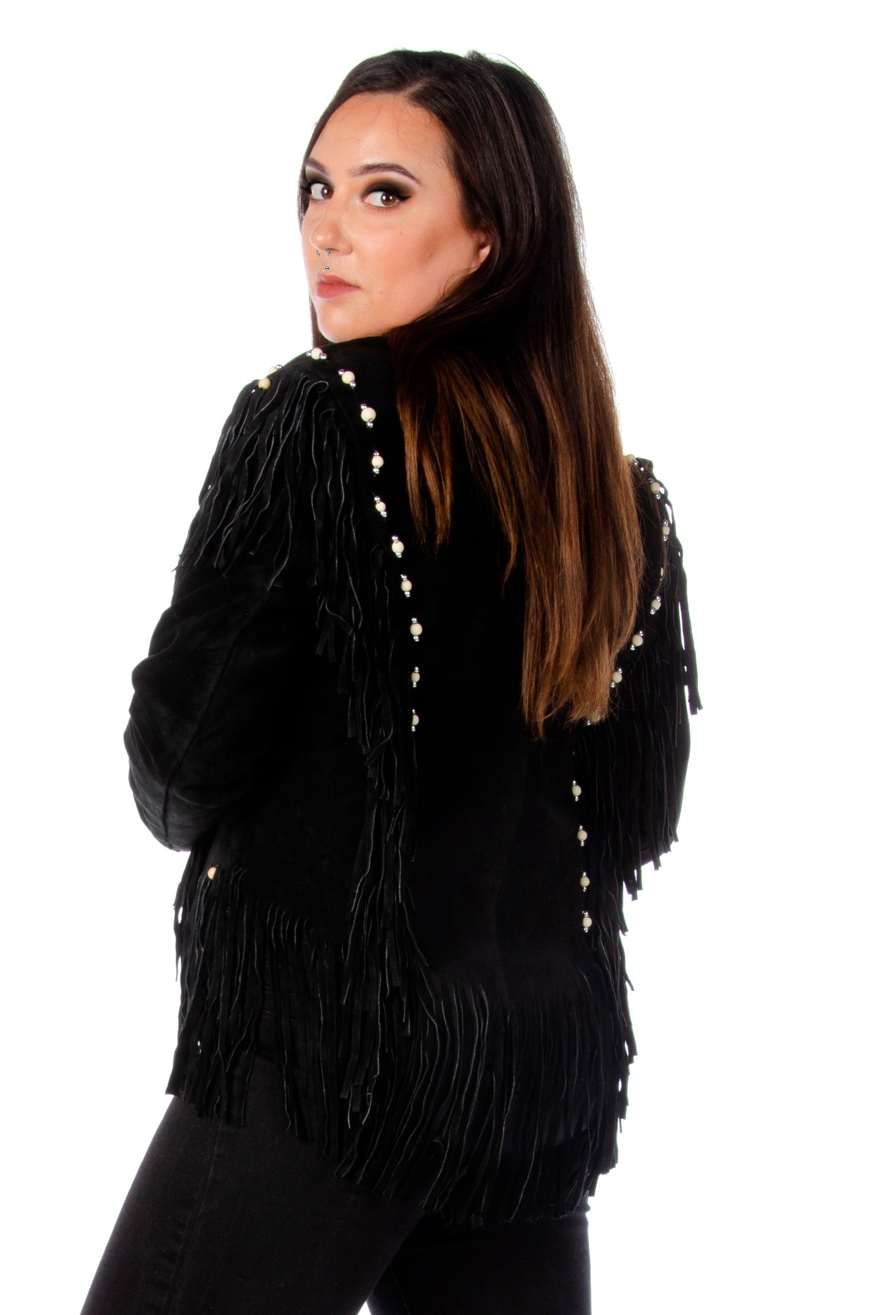 9713 - Ladies' Beaded Suede Jacket w/ Fringe & Bone Detailing