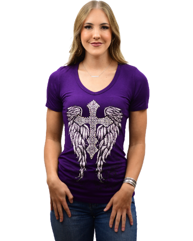 Women's Cross & Wings Rhinestone V-Neck Tee | Wicked