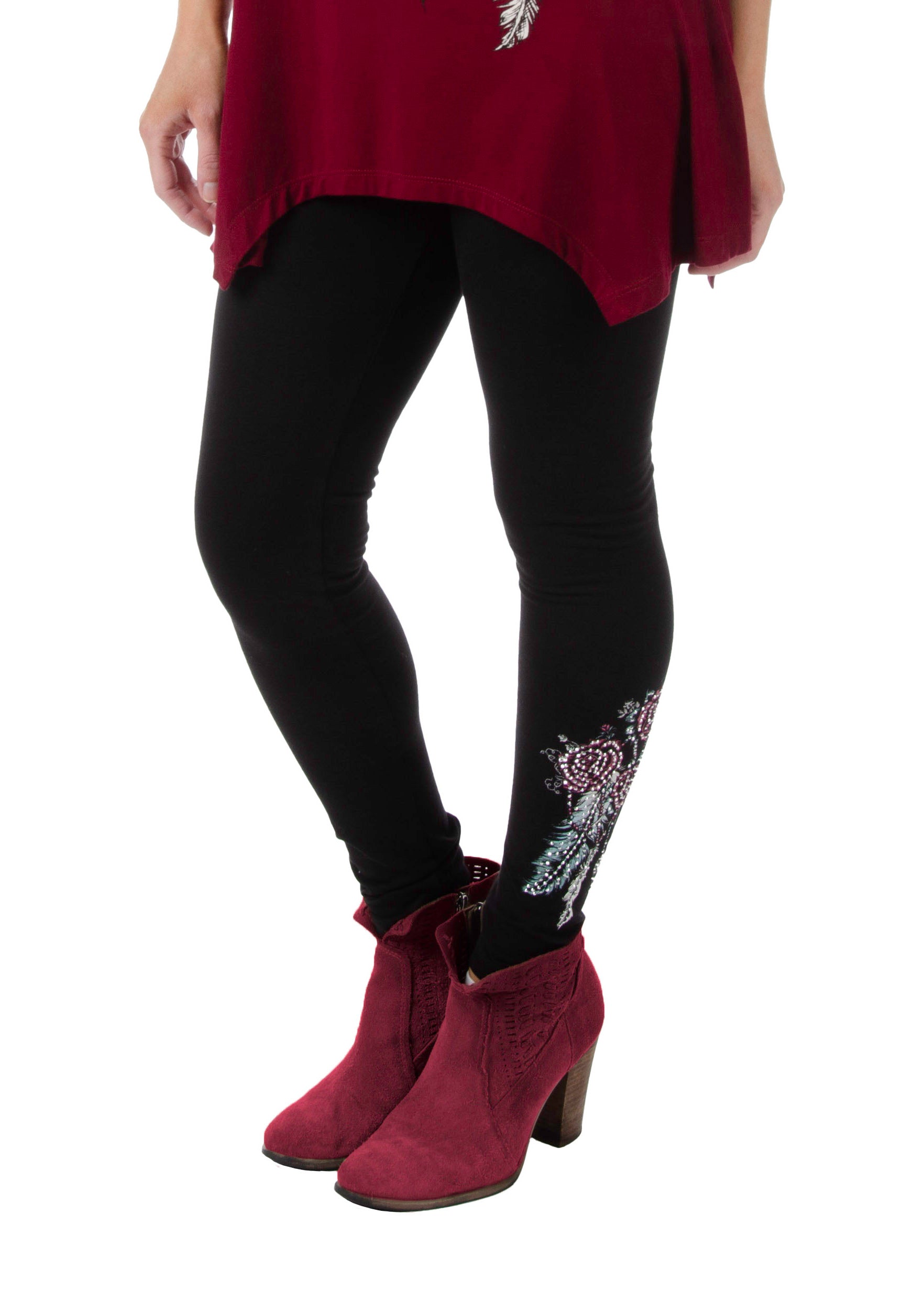 Women's Feather & Rose Rhinestone Leggings | Zuni Leggings