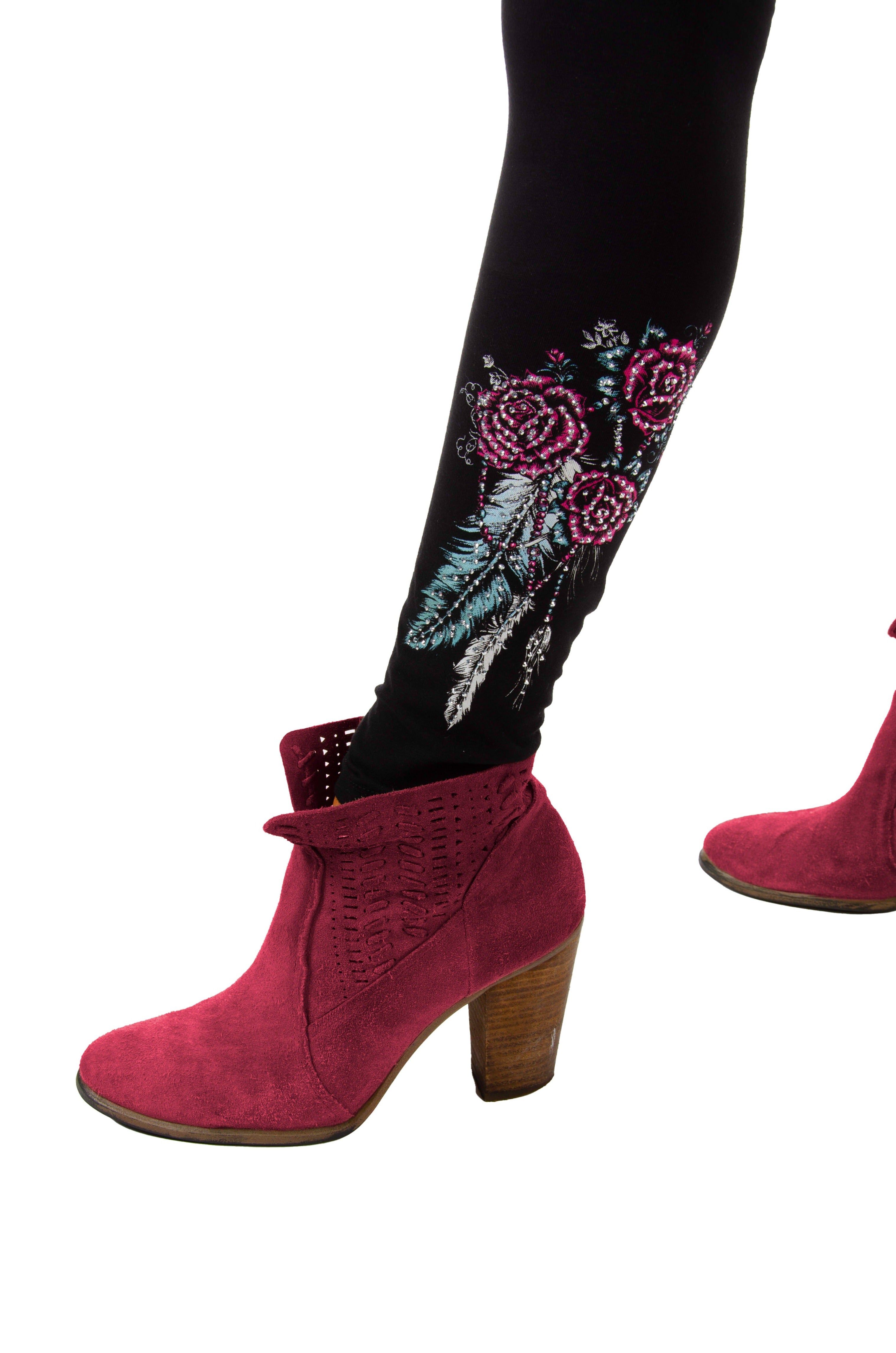 Women's Feather & Rose Rhinestone Leggings | Zuni Leggings
