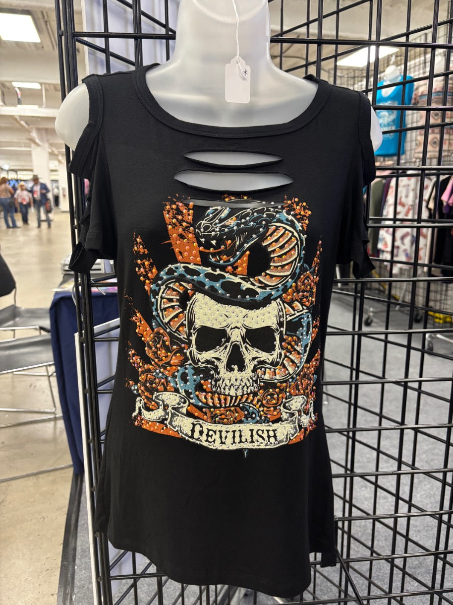 Women's Skull Graphic Cold Shoulder Tee | Devilish Snake & Roses