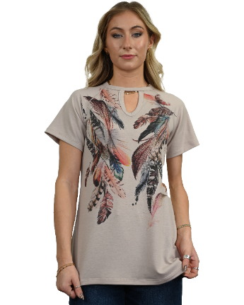 Women's Feather Graphic Keyhole Neck Tee | Plume of Feathers