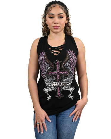 Women's Cross & Wings Lace-Up Tank Top | Freedom Crest