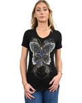 Women's Cross & Butterfly Rhinestone V-Neck Tee | Lady Butterfly