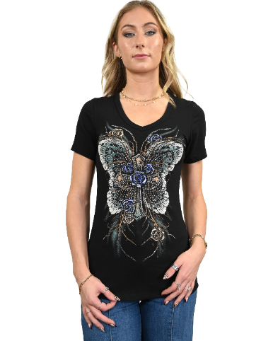 Women's Cross & Butterfly Rhinestone V-Neck Tee | Lady Butterfly