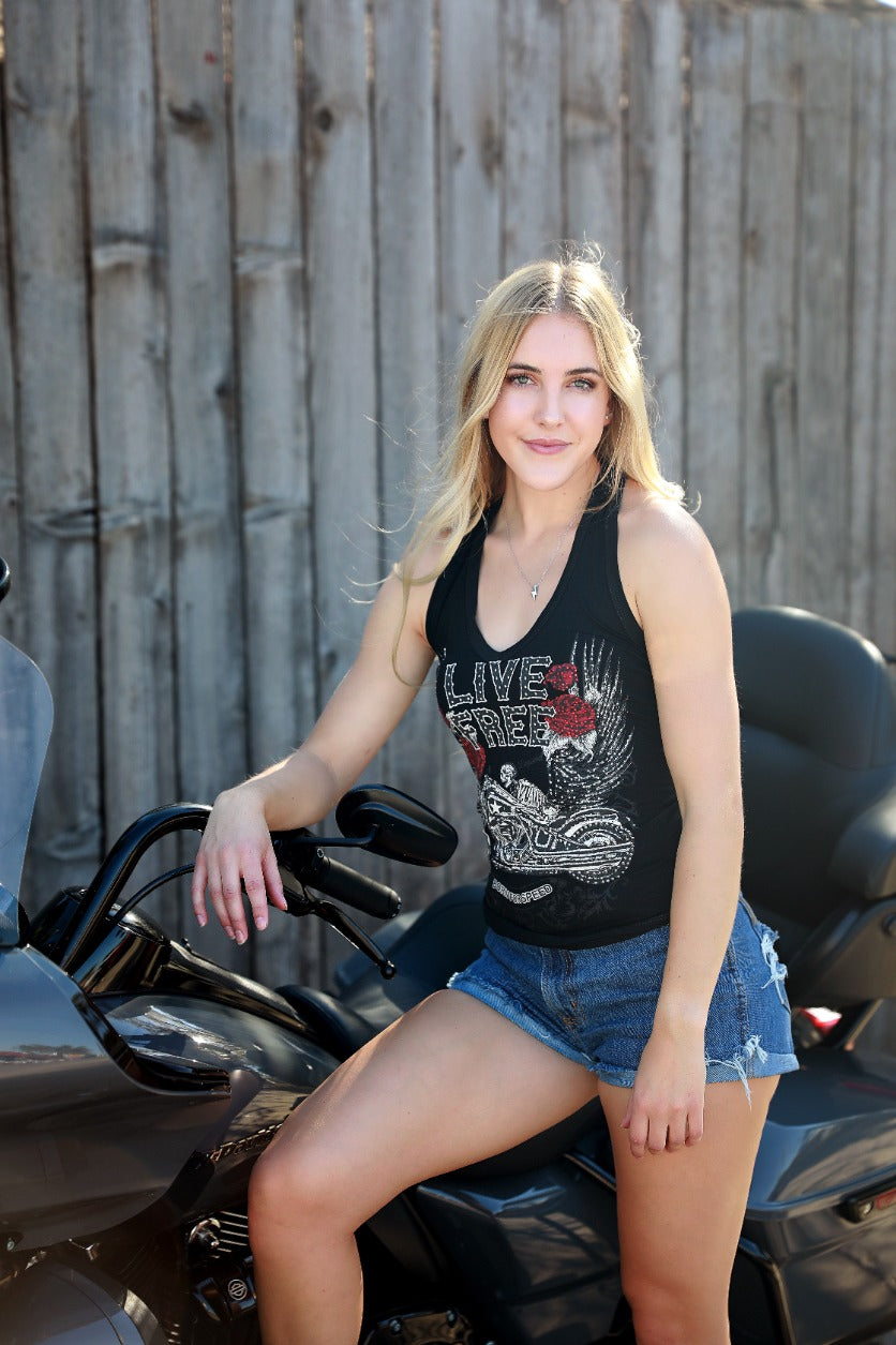 Women's Motorcycle Halter Top | Skeleton Bike Live Free