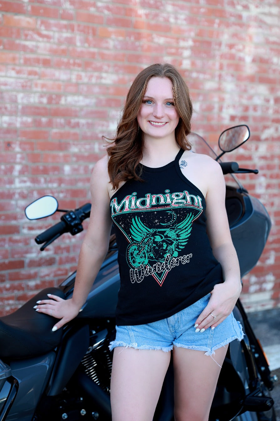 Women's Motorcycle Halter Tank Top | Midnight Wanderer Bike