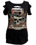 Women's Skull Graphic Cold Shoulder Tee | Devilish Snake & Roses