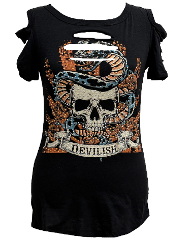 Women's Skull Graphic Cold Shoulder Tee | Devilish Snake & Roses