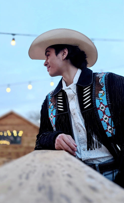 485 - Men's Fringe Suede Jacket w/ Beads & Braids