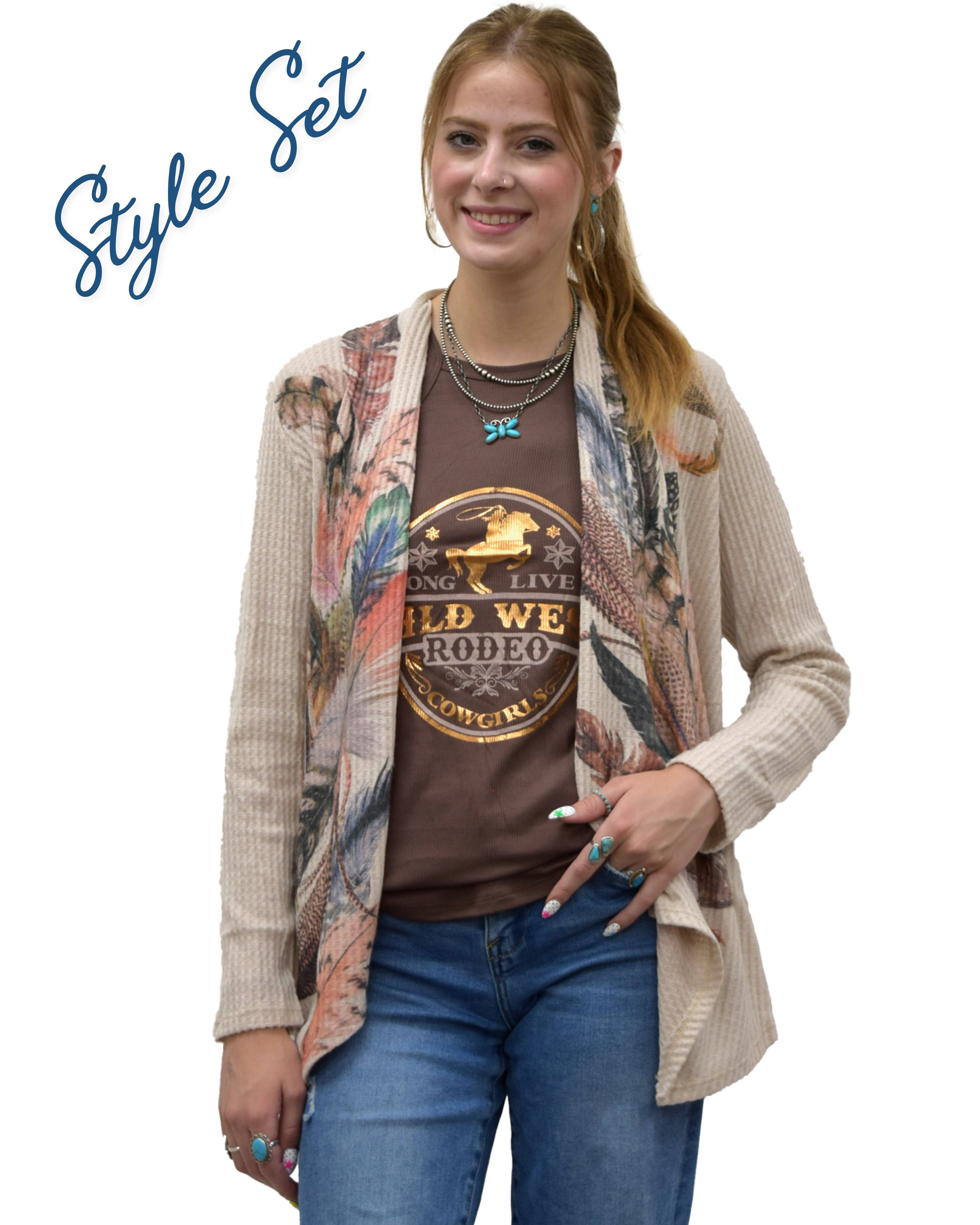 Women's Feather Print Waffle Knit Cardigan | Plume