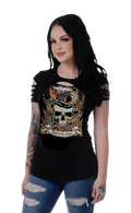 Women's Skull Graphic Cold Shoulder Tee | Devilish Snake & Roses