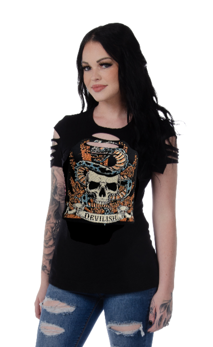 Women's Skull Graphic Cold Shoulder Tee | Devilish Snake & Roses