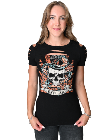 Women's Skull Graphic Cold Shoulder Tee | Devilish Snake & Roses