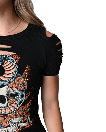 Women's Skull Graphic Cold Shoulder Tee | Devilish Snake & Roses