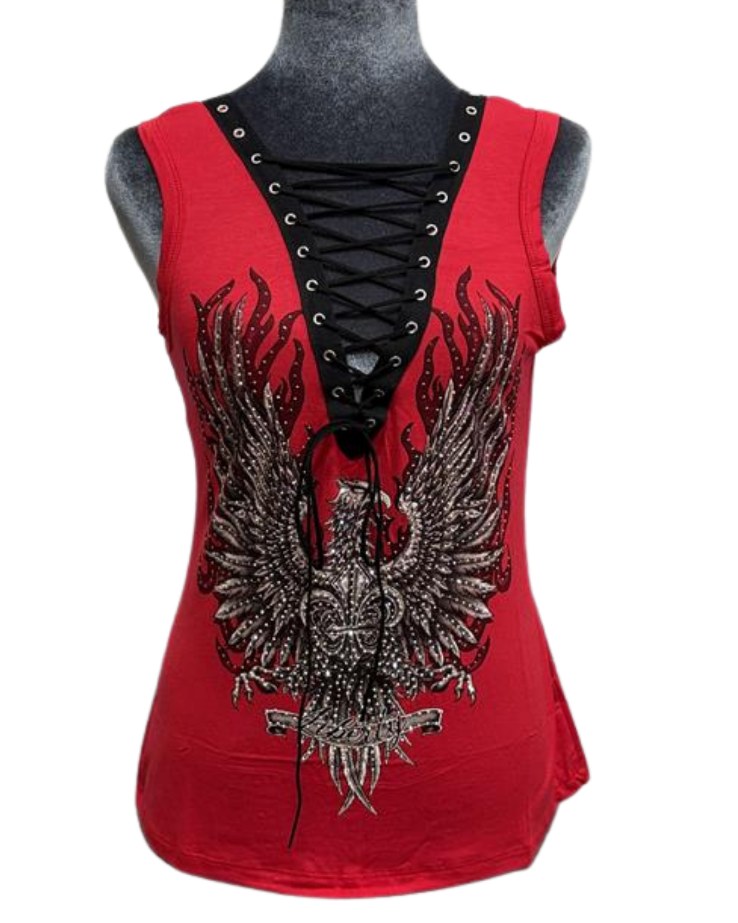 Women's Rhinestone Eagle Lace-Up Tank Top | Crested Eagle